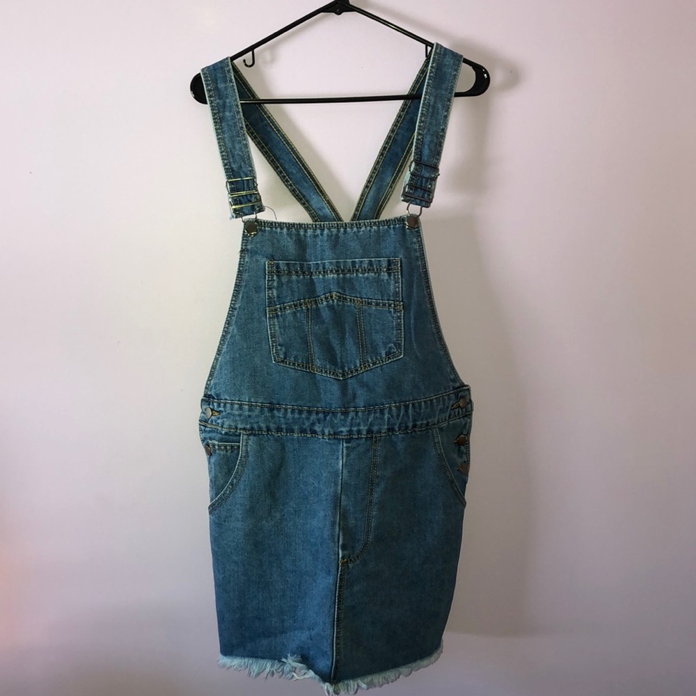 denim overall dress with pockets